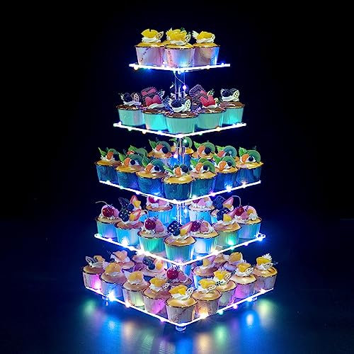 OLACHIKKO Cupcake-Ständer, 5-stöckiger quadratischer Cupcake-Halter mit LED-Lichterkette, Acryl-Cupcake-Turm-Display, Dessertturm, Cupcake-Etagenständer für Hochzeit, Geburtstagsparty (buntes Licht)