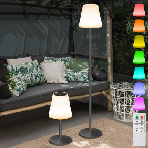 light to hope Lámpara de Pie Solar Inalámbrico Para Exteriores, Mandos a Distancia Blanco Cálido y RGB Regulable, IP44 Resistente al Agua Lámpara de Mesa Grande Para Jardín, Hotel, Patio (Negro)