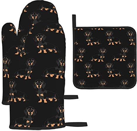 Hitzebeständige Ofenhandschuhe und Topflappen, 3er-Set, Dackel, Weiner, bedruckt, für die Küche, rutschfest, wasserdicht, zum Backen, Kochen, Grillen