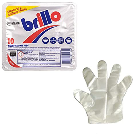 Housold Brillo Multi-Use Soap Pads Powerful Cleaning Agent | Effective for Cleaning Pans, Ovens, and Grills | Removes Stubborn Stains, Dirt- Includes 100 pcs Disposable Gloves (Pack of 1)