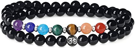 GAVU Damen 7 Chakren Armband OM Charm Kristall Perlenarmband aus Schwarzem Turmalin Größe M