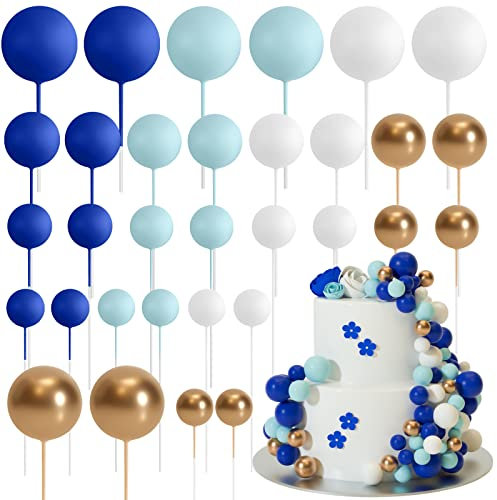 ASTARON 32 Pcs Ball Cake Topper Decorations Mini Balloons Cake Topper Sticks Foam Balls Cake Picks Cake Topper Balls Cake Decorations for Wedding Party Birthday Cake Decorating (Blue Gold)