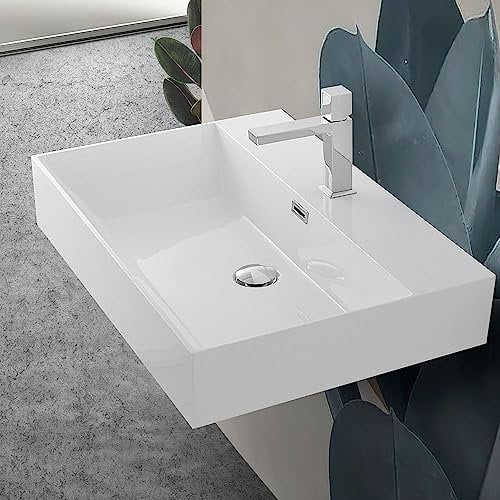 Lavabo bagno sospeso 60 cm in resina bianco lucido, installazione sospesa o d’appoggio, antigraffio e anti-ingiallimento