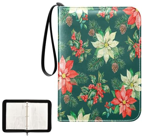Quteprint 4 Pocket Card Binder, Christmas Poinsettia Flower Holly Berry Trading Card Holder fits 400 Cards with 50 Removable Sleeves, 3 Ring Binder Card Albums Folders for Collectible Game Sports Card