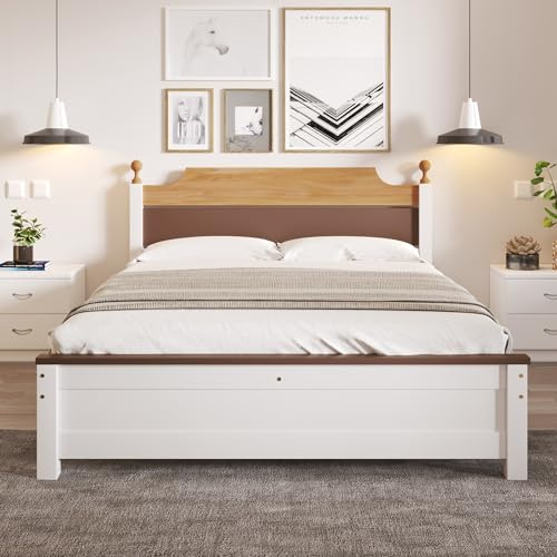 Merax Doppelbett, Holzbett, Kiefernholzrahmen mit Mittelfuß, Jugendbett, Erwachsenenbett, mit Kopf- und Fußteil aus MDF, Colour-Blocking, Weiß, 140x200 cm (ohne Matratze)