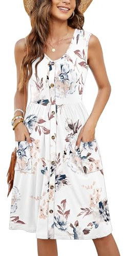MOLERANI Blumen Weißes Kleid für Damen, Sommer, ärmellos, plissiert, mit Knöpfen, Swing-Freizeitkleid mit Tasche (Blumen Weiß, M)