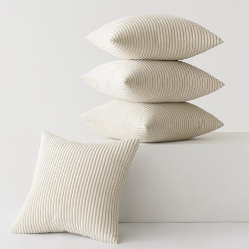 Slozzi 4er Set Kordsamt Kissenbezug Kissenbezüge Kissenhülle Sofakissen Dekokissenbezug Couchkissen Weich für Sofa Schlafzimmer Wohnzimmer Büro, 50x50 cm, Creme