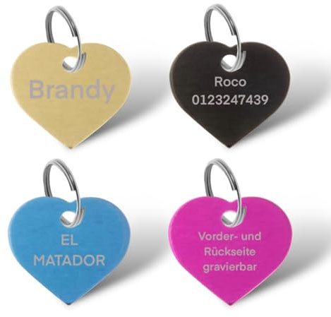 Hundemarke Katzenmarke Haustiermarke Namensmarke Schlüsselmarke Herz aus Aluminium mit Gravur