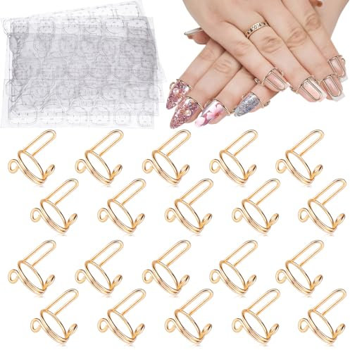 EBANKU 20PCS Wudu Nagel Ring für Acrylnägel, Verstellbare Fingernagel Ringe mit 96PCS Nagelkleber, Wiederverwendbar Metall Nagelring Set für künstliche Nägel, Nagelkunst Dekoration (Gold)