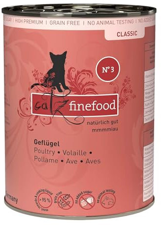 catz finefood N° 3 Geflügel Feinkost Katzenfutter nass, verfeinert mit Preiselbeeren & Löwenzahn, 6 x 400g Dosen