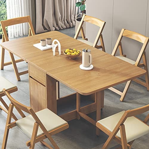 ASerZenith Esstisch-Set, Klappbarer Küchentisch aus Holz, Klapptisch mit 4 Stühlen, platzsparender ausziehbarer Esstisch, für Wohnzimmer, Esszimmer, einziehbar, 1,4 m, Holzfarbe