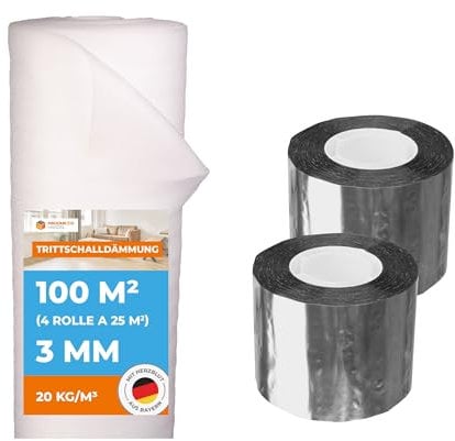 Trittschalldämmung 3 mm Profi Basic 100 m² 4 Rollen + 2 Rollen Aluminium Klebeband | Laminatunterlage und Parkettunterlage zur Schall- und Wärmedämmung | Fußbodenheizung