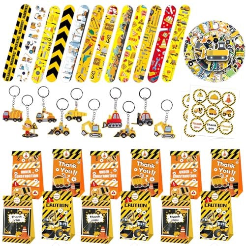 Baustelle Party Mitgebsel Kinder,Excavatrice Anniversaire Party Accessoires Contient 12 Bracelets Slap, 12 sacs-cadeaux, 10 porte-clés, 50 autocollants pour enfants, garçons et filles, décoration de