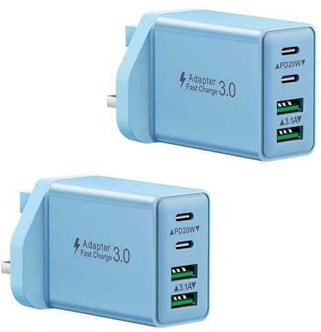 2-Pack USB C Plug Fast Chare, Multi 40W USB Plug UK 4-Port Dual Type C Power Charging Head Adapter Wall Charger Plug for iPhone16/15/15 Plus/15 Pro/15 Pro Max, 14/13/1211/XS XR, iPad, Samsung