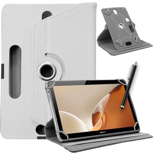 SU 10 inch Tablet Case - Universal Stand Case Folio Cover Magic Leather 360° Rotating Case Fits for ALL 10in Inch & 10.1in Inch Tablets + Stylus Pen (White)