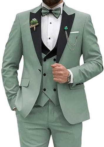 Men Slim Fit Suit 3 Piece Wedding Party Prom Suits One Button Jacket Vest and Pants Dusty Green