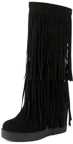 Donna Zeppa Stivali Alti con Plateau Frangia Tacco Alto Stivali Punta Rotonda Senza Chiusura Stivali da Festa, J80675Ho Nero Numero 38 EU/39Cn