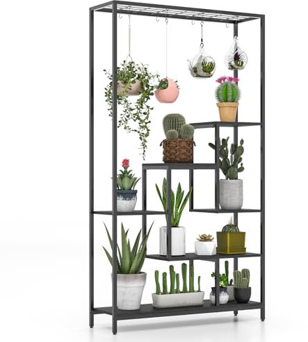TANGZON 6-Tier Plant Stand, 180CM Tall Large Ladder Plant Shelf with Top Mesh Shelf & 10 Hooks, Metal Frame Indoor Creative Tiered Flower Pot Rack for Living Room Balcony Office (Black)