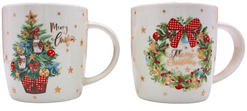 Dekohelden24, Tazas de café, Vasos para Vino Caliente, Vaso con Corona de Adviento y árbol Juego de 2 Unidades, tamaño: L/B/H Aprox. 14 x 8 x 10 cm. Capacidad: 360 ml por Taza, Feliz Navidad, 10,2 cm