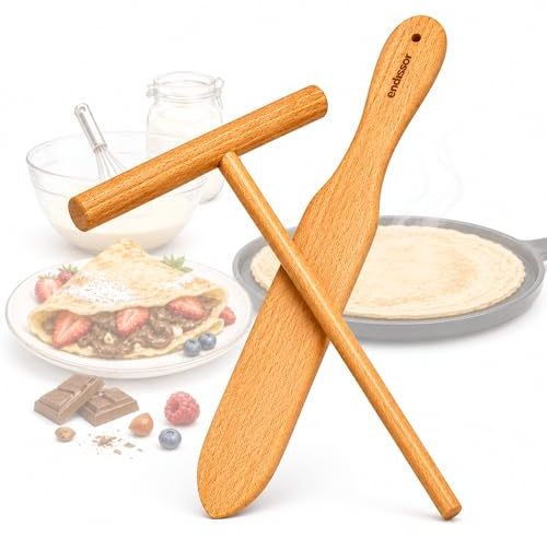 endusor Kit Crepes de Madera de Haya Alemana - Espátula y Esparcidor (30cm) | Madera natural sin tratar, Pulido a mano, Para creperas y sartenes de crepes