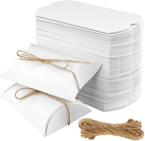 SOUJAP 100 cajas de regalo de almohada blancas con 100 cuerdas de yute, cajas grandes para dulces para bodas, fiestas de cumpleaños, 13 x 8,8 x 3,5 cm