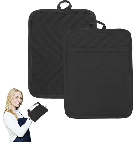 2 Stück Topflappen Baumwolle mit Tasche, Schwarze Hitzebeständige Untersetzer Topflappen Anti-Rutsch Ofenhandschuhe Kochhandschuhe Schutzlappen zum Kochen und Backen