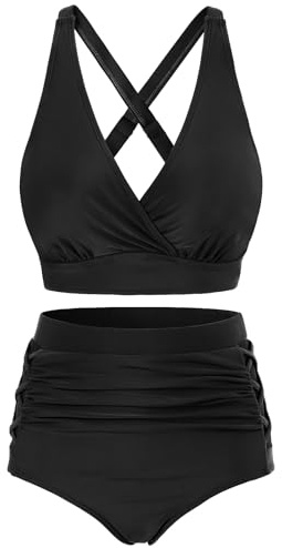CMTOP Costume da Bagno Donna Due Pezzi Vita Alta, Scollo a V Push Up Costumi da Bagno Imbottito Reggiseno Bikini Set, Regolabile Costumi da Mare Beachwear Swimwear per Spiaggia Piscina