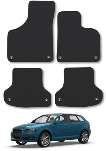 Audi A3 (2003-2012) [Manual] (Hatchback & Cabriolet) Heavy Duty Thick Rubber Car Mats Accessories Tailored Fit Front Rear Set Compatible Accessory Waterproof Durable Non-Slip 5mm Protection with Clips