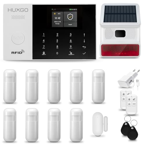 Kit de Alarma para casa WiFi + gsm 4G con Sirena Solar inalámbrico | Alarma hogar Kit con 9 sensores PIR de Movimiento y 1 Sensor de Puerta/Ventana | Control Desde el teléfono | HUXGO® HXA005