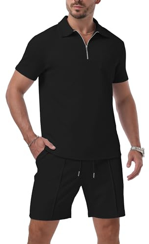 QIXING Mens Shorts and T shirt Sets Polo Colloar Mens Summer 2 Piece Holiday Clothes Co ord Shorts Set with half Zip Tracksuit (Black, XL)