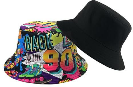 BelleVive Bucket Hat Retro 80er 90er Stil Modischer Fischerhut Unisex Wendbarer Fischerhut Doppelseitiger Sonnenhut Packbare Sonnenkappe Rave-Party-Outfit-Accessoires für Damen, Stil 2