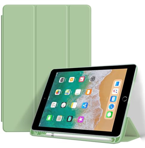 Custodia per iPad 9,7 Pollici (6a/5a Generazione, 2018/2017) con Portapenne, Cover Tablet Antiurto Sottile con Retro in Morbido TPU con Auto Svegliati/Sonno, Verde Matcha
