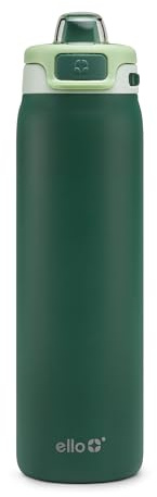 Ello Pop & Fill 22oz Stainless Water Bottle, Sip or Chug, Forest Mist | Insulated stainless steel water bottle with Quick Fill™ lid, sip straw, chug opening, leakproof lock, and BPA-free