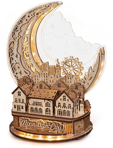 FUNPOLA 3D DIY Puzzle Moon City Model - LED 3D Wood Puzzle - 3D Wooden Puzzles for Adults Home Décor Gifts for Kids and Adults, White