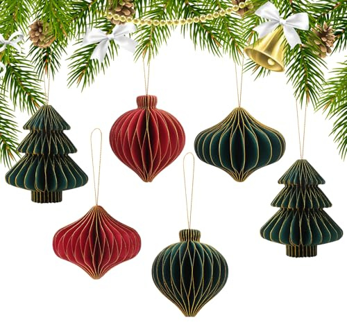 DXLing 6 Stück 3D Mini Papierwaben mit Glitzerrand Weihnachten Dekorationen 3D Wabenmuster Papier Weihnachtsbäume Papierkugeln Wabenpapier Hängende Ornamente für Feiertagsparty Silvester(Grün Rot)