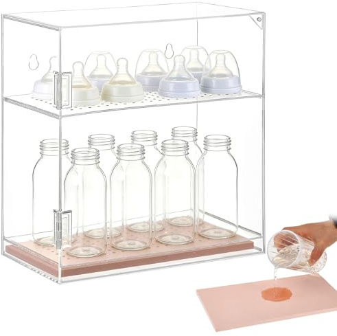Baby Bottle Organizer Wall-Mounted Clear Acrylic Bottle Drying Rack with Absorbent Mat, Stackable Storage Organizer for Bottles, Pump Parts, Nipples, Food Jars, Kitchen and Cabinet Organization