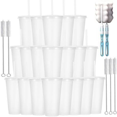 Yisituo 710ml Reusable Plastic Cups, 10 Pack Cold Cups with Lid and Straw, Tumblers Travel Mugs for Adults and Kids Party and Beach, Pool Gatherings (20, Glitter Clear)