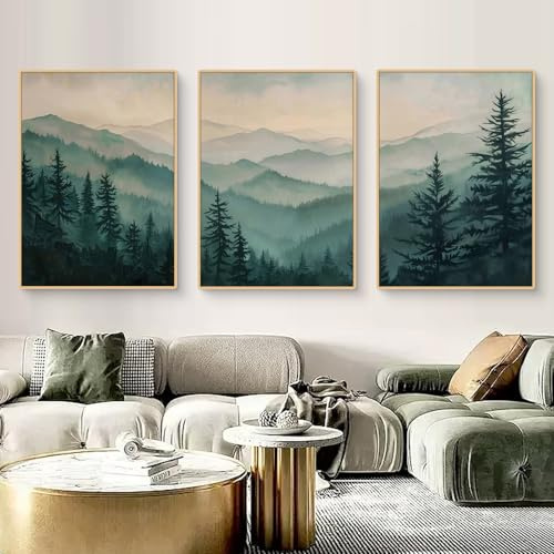 3er Poster Set, Moderne Aquarell Grün Berge Wald Landschaft Bilder Poster & Kunstdrucke Leinwandbilder Wandposter, Wandbilder Wanddeko für Wohnzimmer & Schlafzimmer, Ohne Rahmen (40x50cm,ABC)