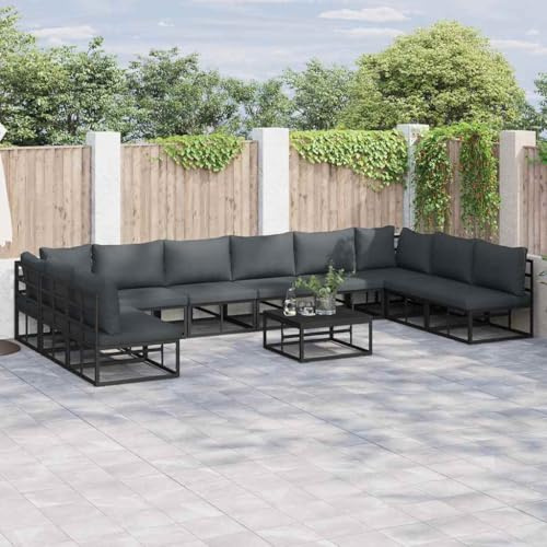 Owoxanthellate Gartensofa Set Schwarz 10-Sitzer L-Form Lounge aus pulverbeschichtetem Aluminium mit wetterfesten Kissen 71,5 cm Kubus Eckelemente für Terrasse Balkon Wintergarten