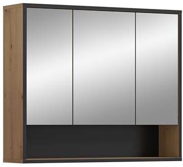 xonox.home – Spiegelschrank Bagno 80x68x19 cm in Artisan Oak Nachbildung – 3 Spiegeltüren, 6 Fächer & offenes Fach – Flexibel montierbar, stilvolle Optik & praktische Ablagefläche