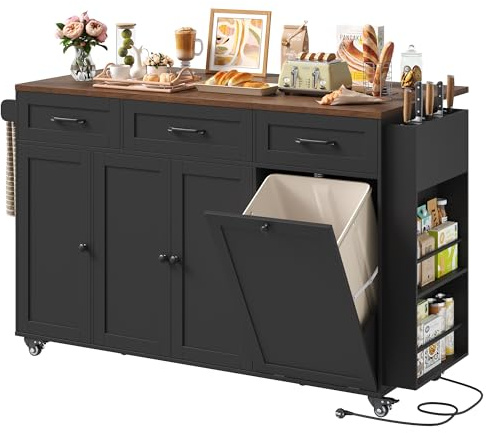 FirFurd Mobile Kitchen Island on Wheels w/Trash Bin Cabinet & Power Outlet | Kitchen Trolley with Empty Block & Spice Rack, Freestanding Kitchen Cart with Foldable Worktop and Drawers 135x40x88cm