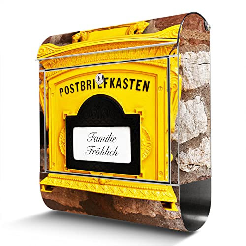 banjado® Briefkasten Edelstahl personalisiert Motiv historischer Postkasten 38x43x12cm & 2 Schlüssel - rostfreier Edelstahl Briefkasten Zeitungsfach - Postkasten A4 Einwurf inkl. Montagematerial