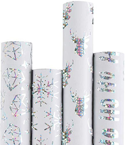 RUSPEPA Weihnachtspapierrolle – Weißes Papier Mit Silbernem Glanzmuster, Perfekt Für Weihnachten – 4 Rollen – 76 cm X 305 cm Pro Rolle