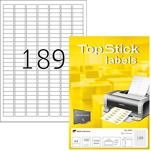 TopStick 8780 Universal Etiketten, 100 Blatt, 25,4 x 10 mm, 189 pro A4 Bogen, 18900 Stück, selbstklebend, bedruckbar, matt, blanko Papier Klebeetiketten Aufkleber, weiß