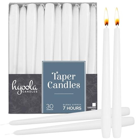 Hyoola White Taper Candles - Tapered Candles - Dripless Candle Sticks - 20 cm (8 Inch) - 7 Hour Burn Time (30-Pack)