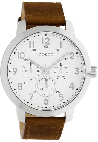 Oozoo Herrenuhr Chrono Look mit Lederband 45 MM Silberfarben/Weiß/Braun C10505