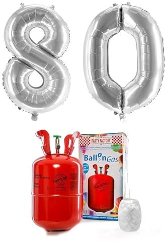 Party Factory – Helium Gasflasche 200L im Set mit XXL Zahlenballon 80 Silber – Partydeko Ballongas Flasche mit Folienballon & 40 m weißer Ballonschnur – Einwegflaschen mit Knick-Füllventil