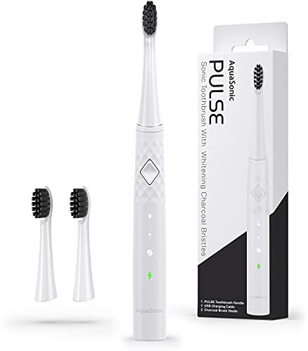 AquaSonic Pulse – Ultra Whitening Electric Toothbrush w Activated Charcoal Whitening Bristles – Sonic Rechargeable toothbrush – 3 Modes & Smart Timers – Lasts 45 days – Home & Travel Toothbrush