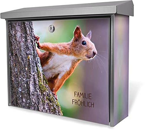 banjado® Burgwächter Briefkasten Edelstahl 38,5x31,5x12cm mit Motiv Eichhörnchen/Briefkasten Edelstahl ohne Zeitungsfach/Briefkasten grau/Postkasten inkl. Montagematerial & 2 Schlüsseln