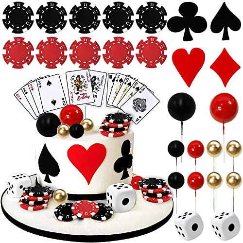 29PCS Casino Cake Decoration Dice Poker Chips Cupcake Cake Topper Set Ball Cake Topper Playing Card Game Theme Picks for Las Vegas Scene Birthday Party Decoration Supplies